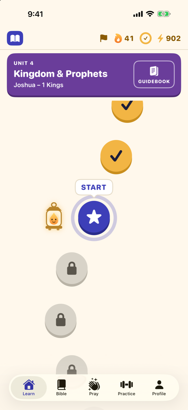 The Learn tab in Heavenward: a winding path of lesson circles, with the next lesson ready to start.