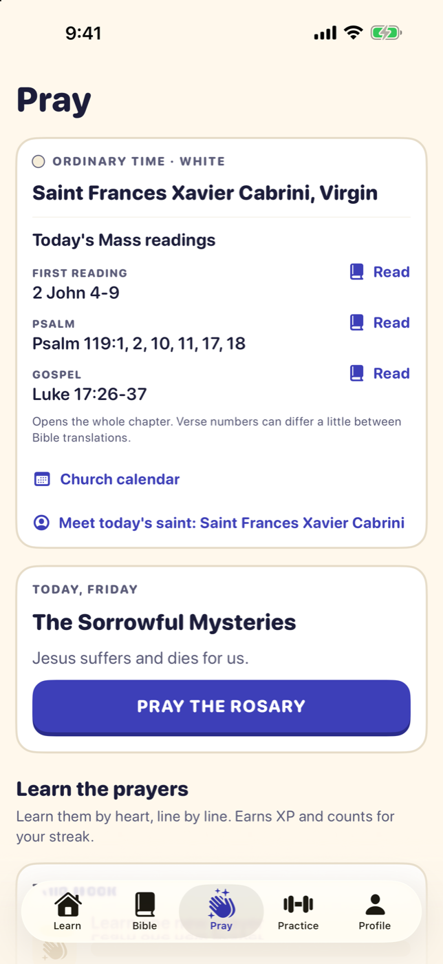 The Pray tab in Heavenward: today's season, the saint of the day and the Mass readings.